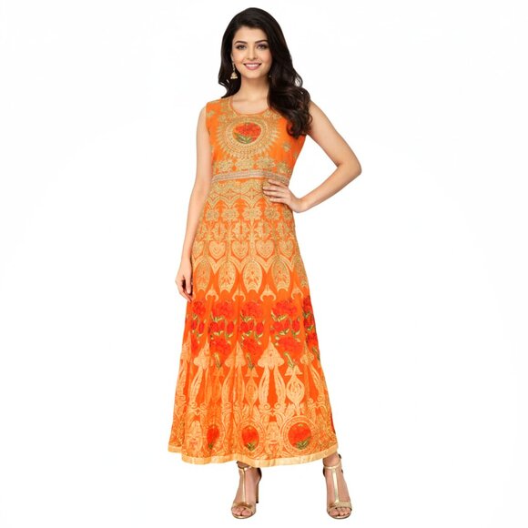 Stunning Orange & Gold Embroidered Anarkali Gown Indian Dress Suit Wedding - Picture 1 of 16